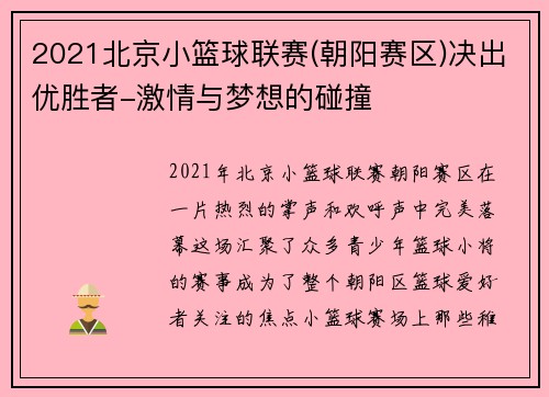 2021北京小篮球联赛(朝阳赛区)决出优胜者-激情与梦想的碰撞