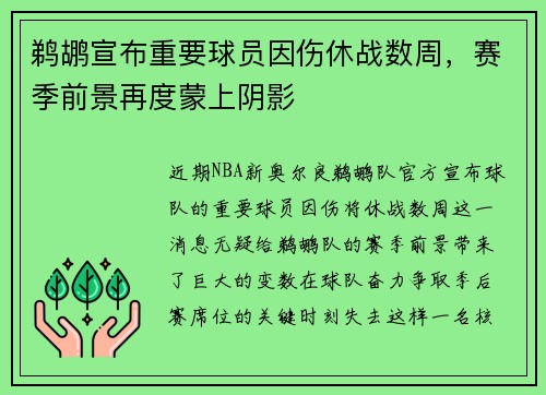 鹈鹕宣布重要球员因伤休战数周，赛季前景再度蒙上阴影