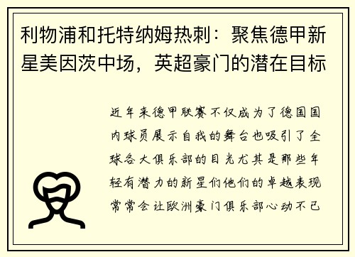 利物浦和托特纳姆热刺：聚焦德甲新星美因茨中场，英超豪门的潜在目标