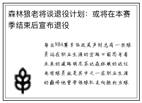 森林狼老将谈退役计划：或将在本赛季结束后宣布退役