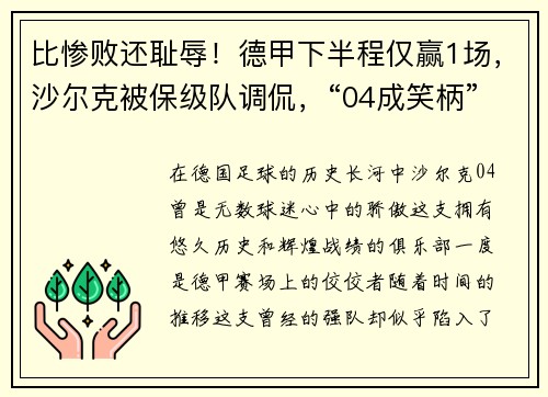 比惨败还耻辱！德甲下半程仅赢1场，沙尔克被保级队调侃，“04成笑柄”