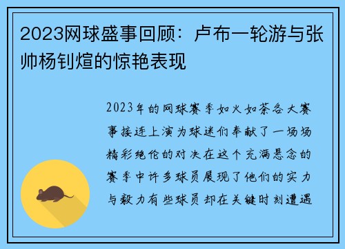 2023网球盛事回顾：卢布一轮游与张帅杨钊煊的惊艳表现