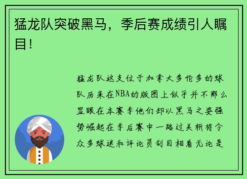 猛龙队突破黑马，季后赛成绩引人瞩目！