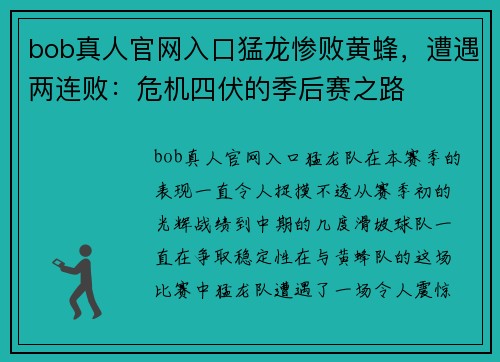 bob真人官网入口猛龙惨败黄蜂，遭遇两连败：危机四伏的季后赛之路