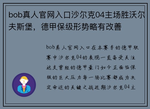 bob真人官网入口沙尔克04主场胜沃尔夫斯堡，德甲保级形势略有改善